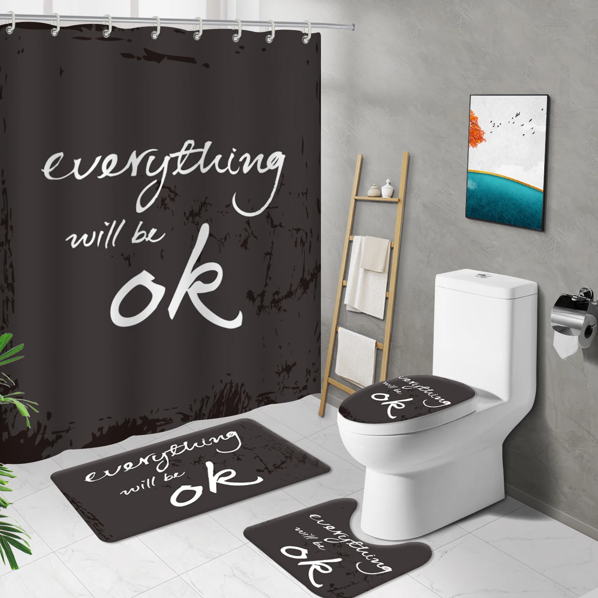 Black Long Shower Curtain Grey Words Printed Mat Set Toilet Cover Non-Slip Bath Rug Waterproof Bathroom Accessories Set Hooks