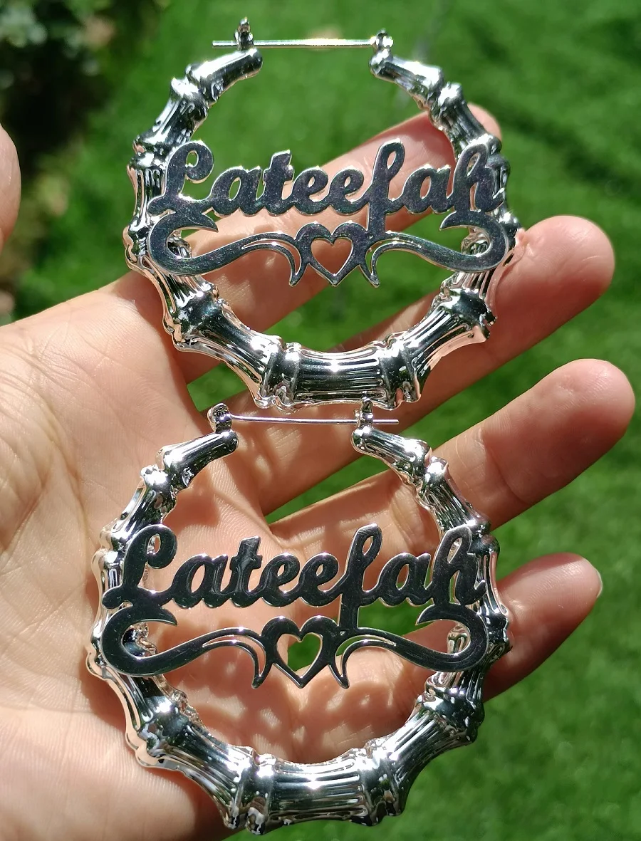Large Bamboo Earrings Party Name Earrings Personalized Bamboo Heart Hoop Earring Brincos Customize Name Earring Polplar Cережки