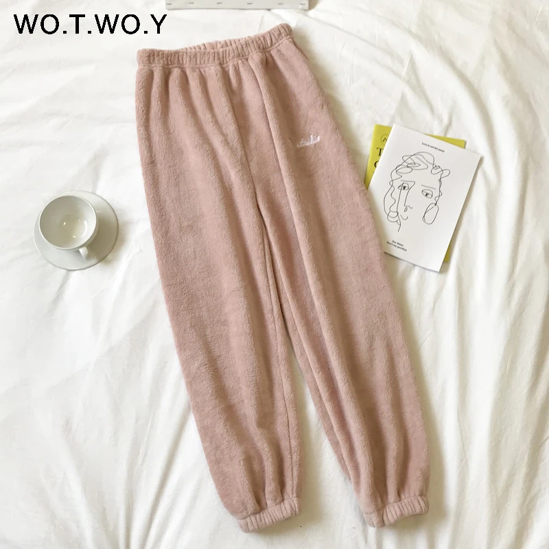 WOTWOY цветные зимние брюки-карандаш, женские свободные плотные теплые брюки с эластичной резинкой на талии, женские домашние белые красные бархатные Harajuku