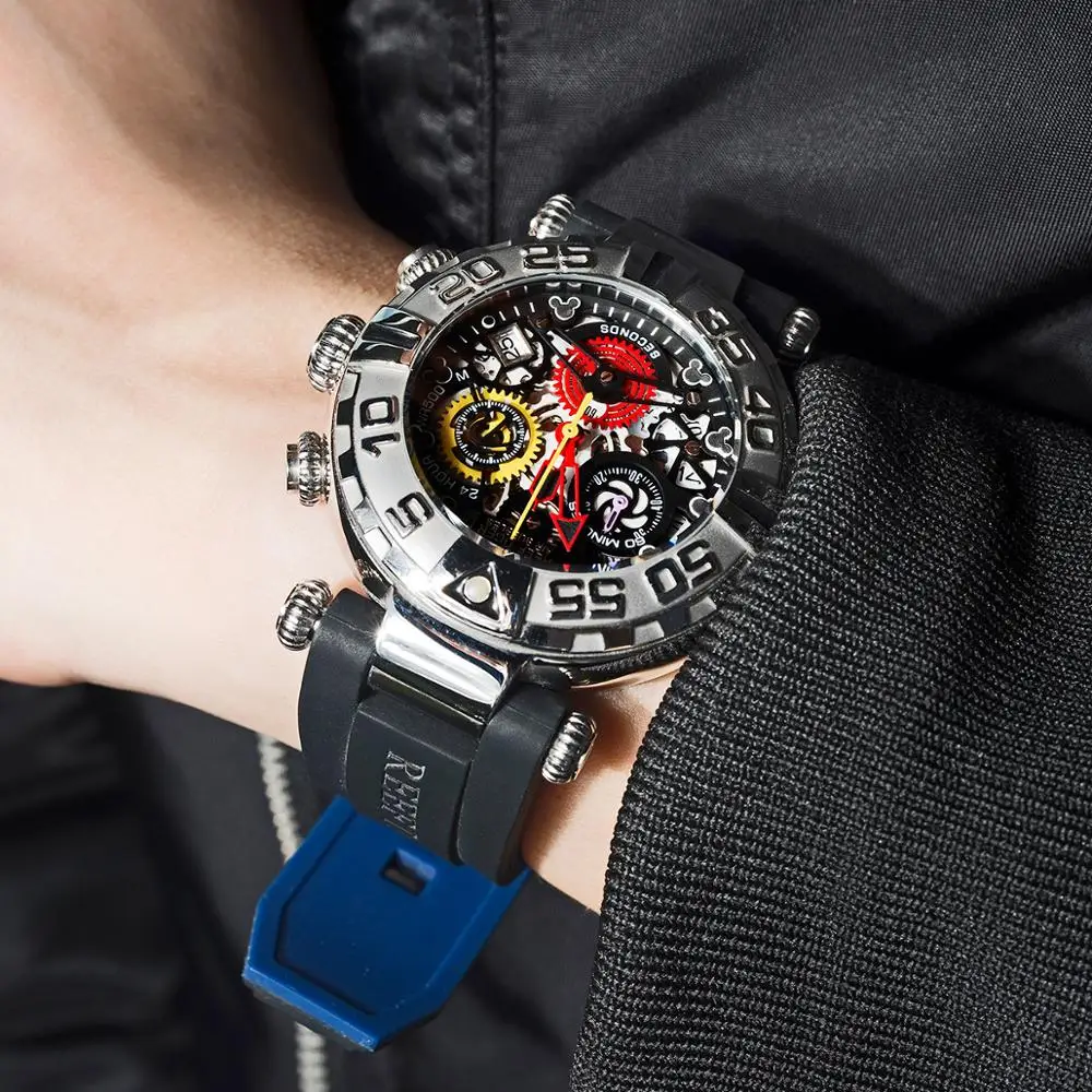 Мужские наручные часы Reef Tiger/RT спортивные с резиновым ремешком и стальным