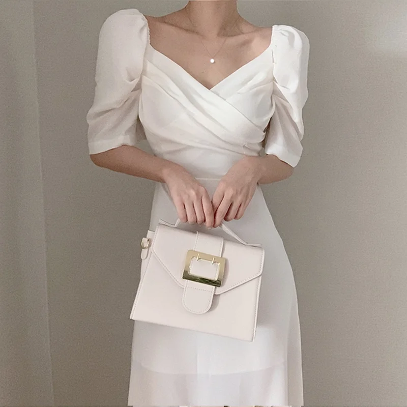 

Korean chic thin French V-neck style commuting high waist waist waist closing Bubble Sleeve Chiffon Long Skirt goddess style