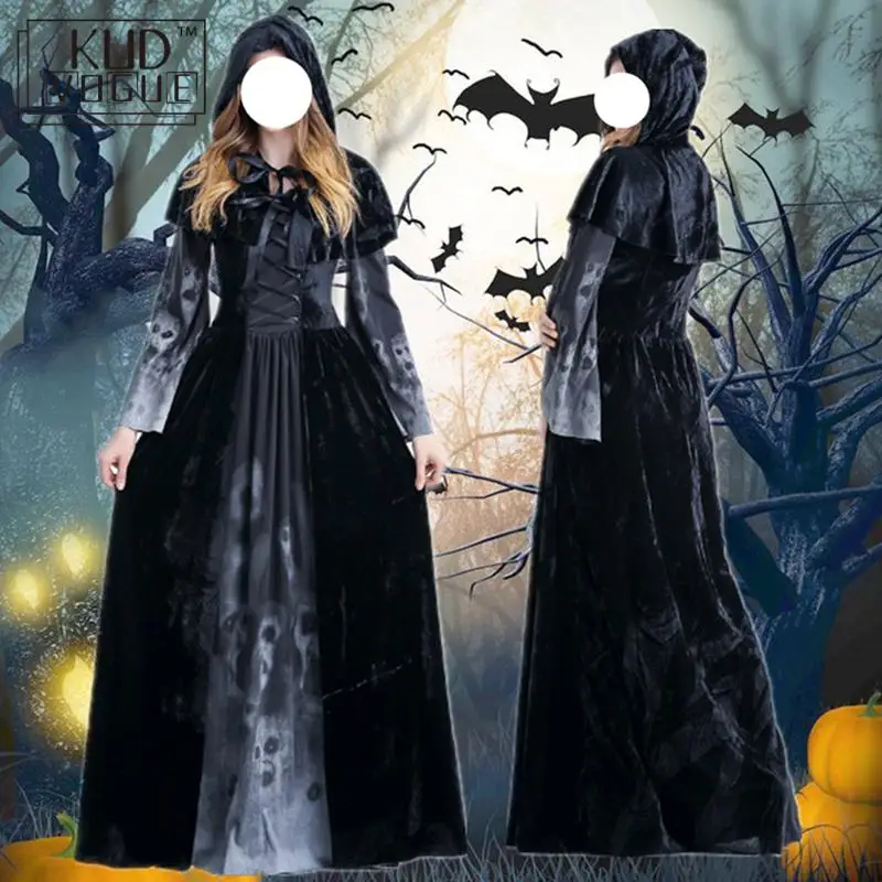 Длинное черное платье в готическом стиле для взрослых на Хэллоуин костюмы с