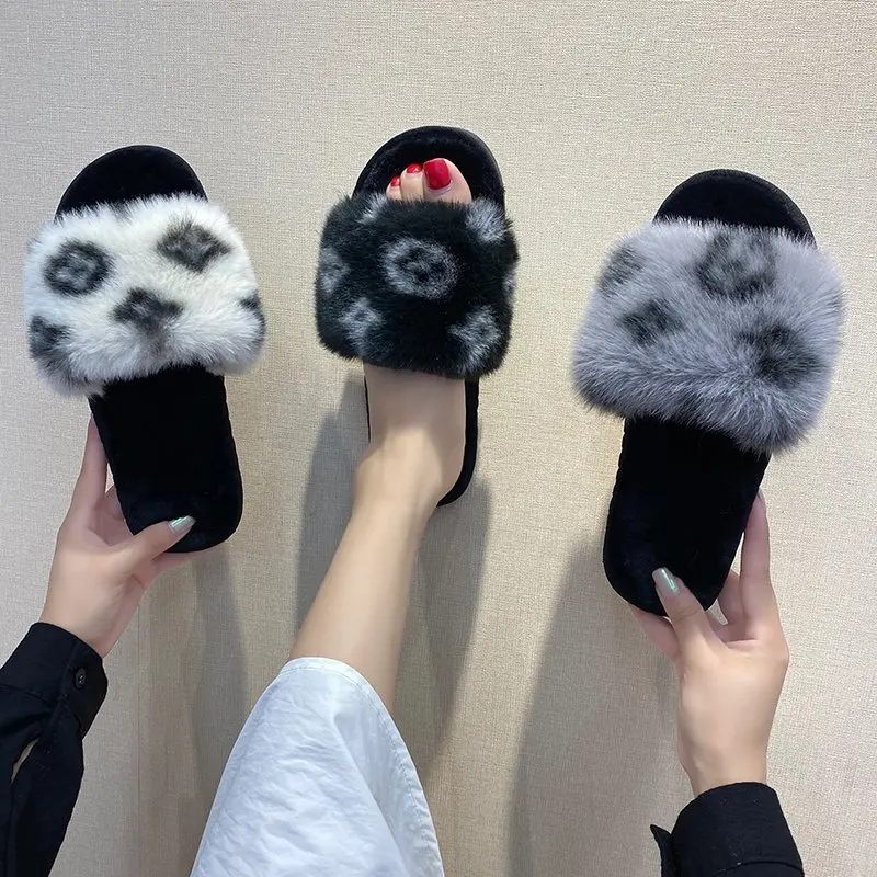 

Slippers Women Home Cotton Shoes Winter New Korean Version of the Net Printing Word Flat Bottom Casual Soft Hairy Slipper