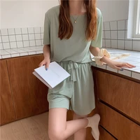 summer casual 2 piece women set short sleeve tops and shorts elastic waist soft cool lce fabric two piece set woman outfits