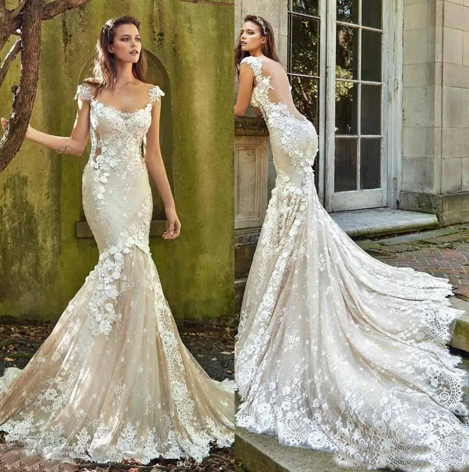 

Vintage Plus Size Lace Backless Mermaid Wedding Dresses Long vestido de novia Scoop Cap Sleeves Appliques Bridal Gowns Wed Dress