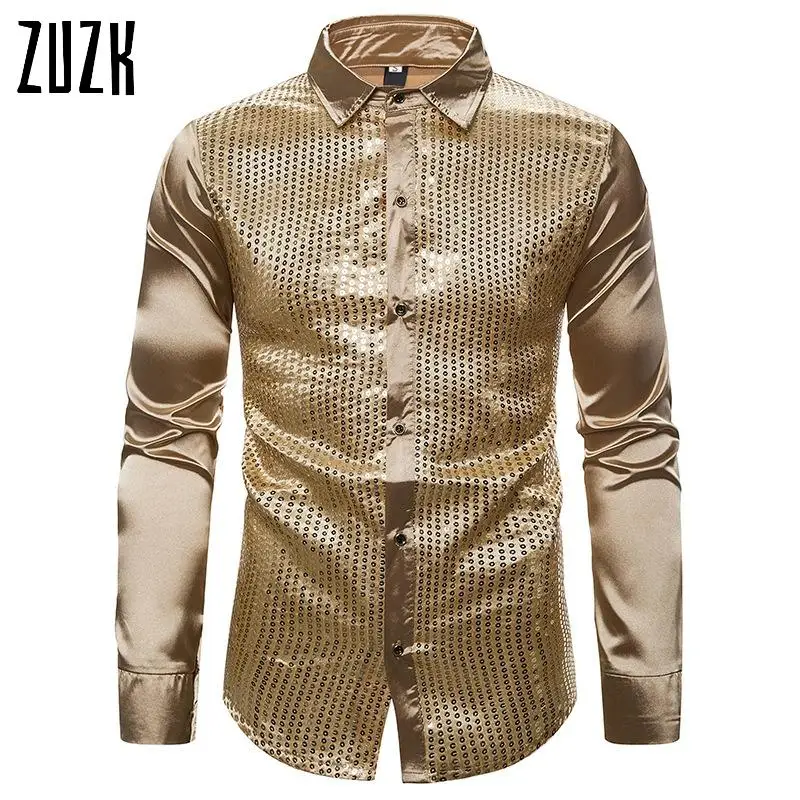ZUZK роскошные золотые блестки шелковые смокинг рубашки Для мужчин длинный рукав