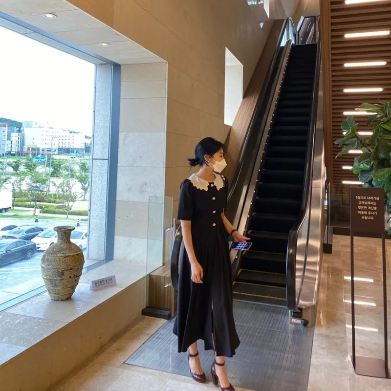 

Korean Chic Elegant Lace Collar Fashionable Sweet Slimming Youthful-Looking High Waist Short Sleeve Dress French Retro Dress