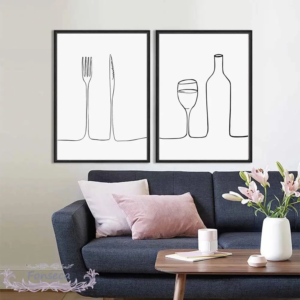 Модульные картины в скандинавском стиле креативный рисунок линий нож и вилка для