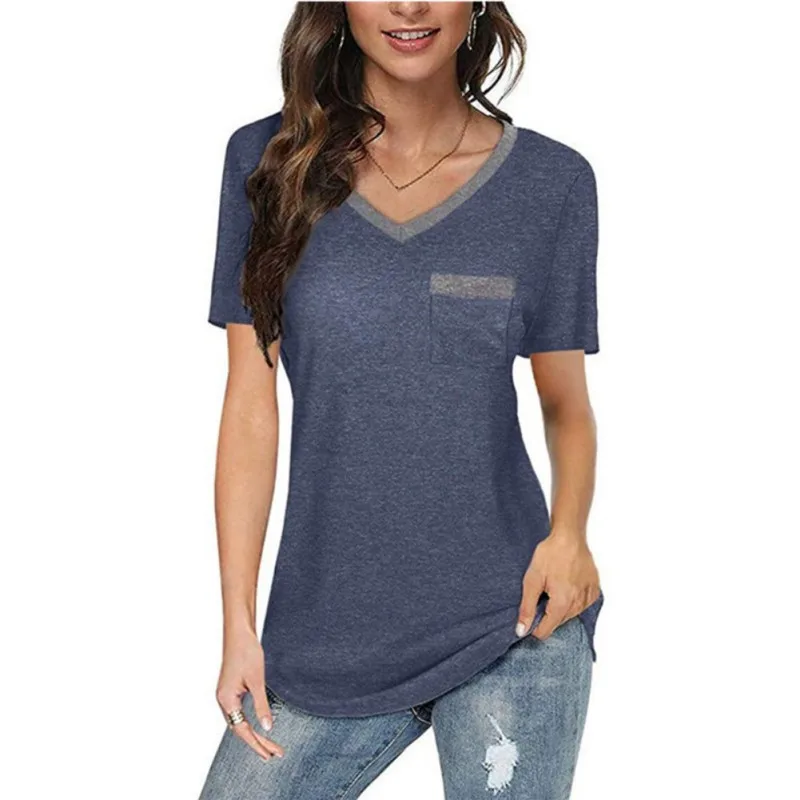

Color Match V-NECK Pocket Casual Loose Ladies T-Shirt Summer Short Sleeve Bottoming Tee 2021 Female Crop Top Ladies Shirt