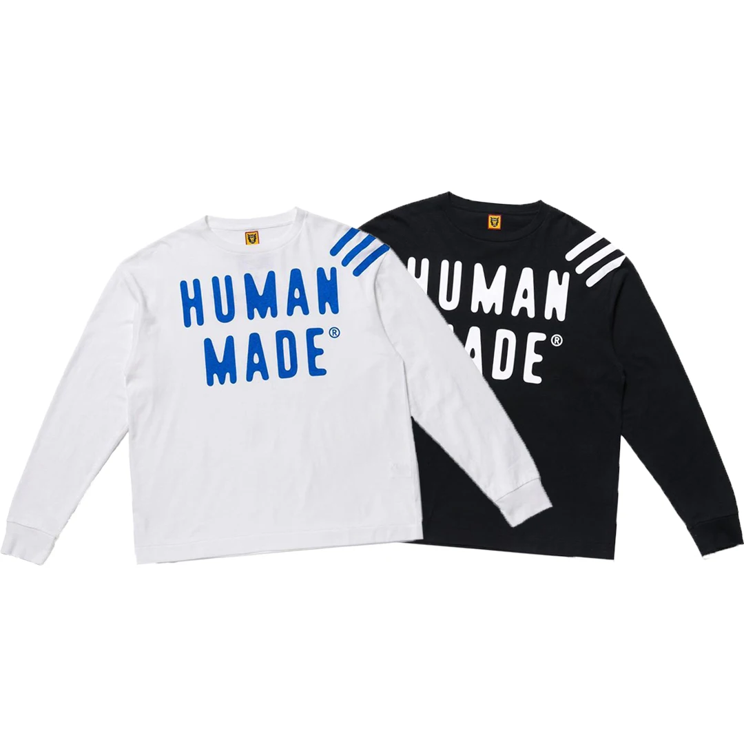 

HUMAN MADE Stripe Logo Graphic Tees Men Streetwear Long Sleeve