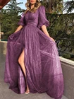 Женское кружевное платье в сеточку, элегантное фиолетовое платье для выпускного вечера с рукавами до локтей и V-образным вырезом, платье подружки невесты, вечернее платье на день рождения, 2021