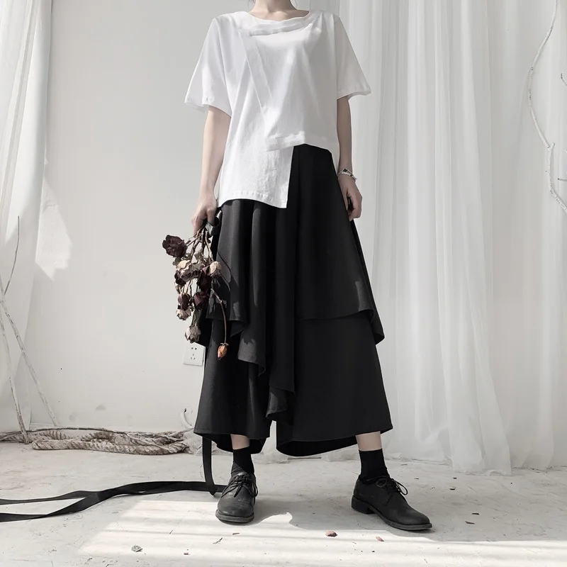 Женские брюки с широкими штанинами [EAM] черные свободные высоким эластичным