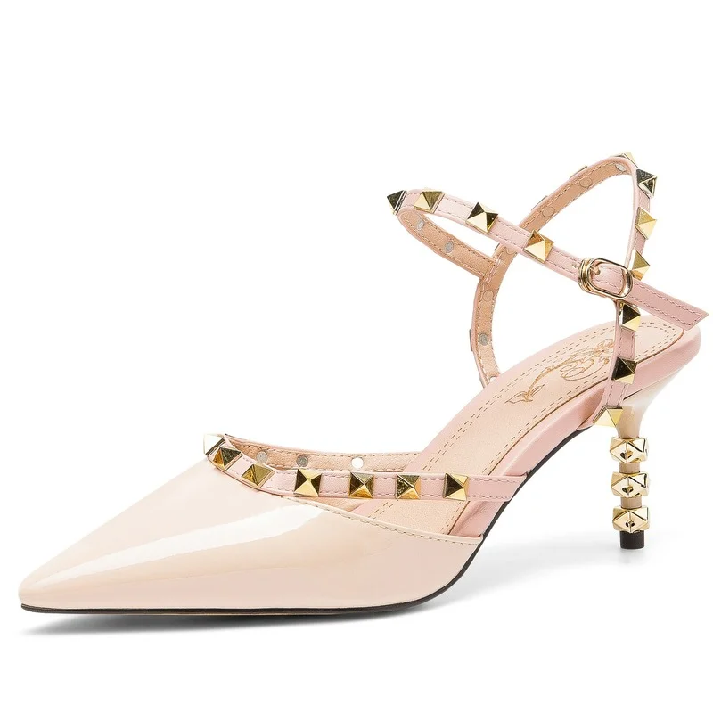 

Rivet High Heeled Shoes 2021 New Thin Heel Pointed Baotou Liuding Sandals Fairy Style One Button Patent Leather Women's Shoes