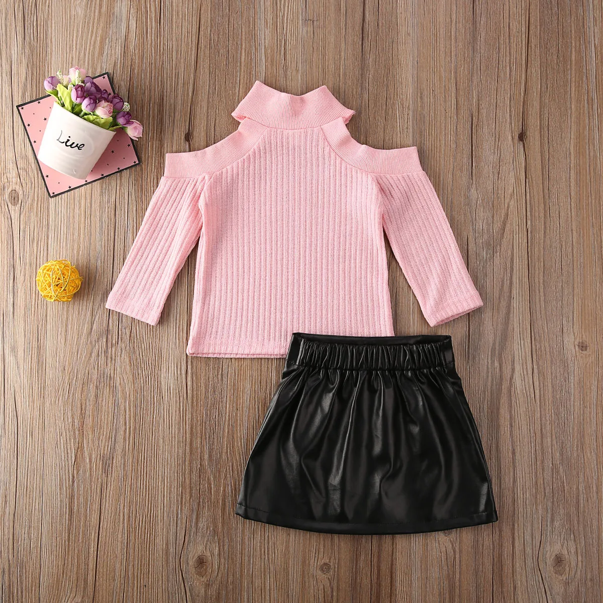 

Winter Warm Newborn Baby Girls Kid Off Shoulder Pullover Sweater Top PU Skirt Children Clothing