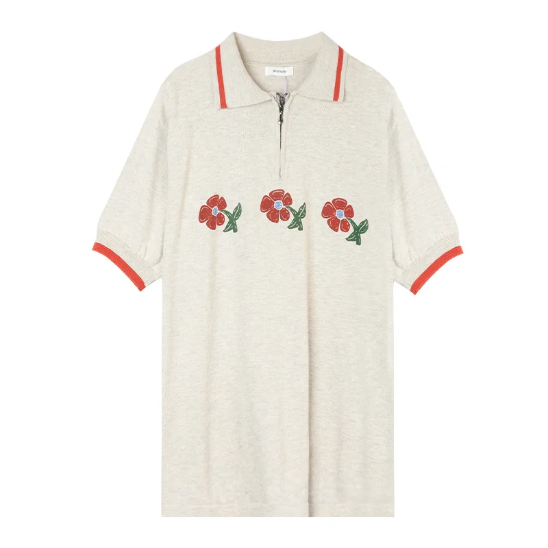 Футболка-поло с коротким рукавом и цветочным принтом | Женская одежда