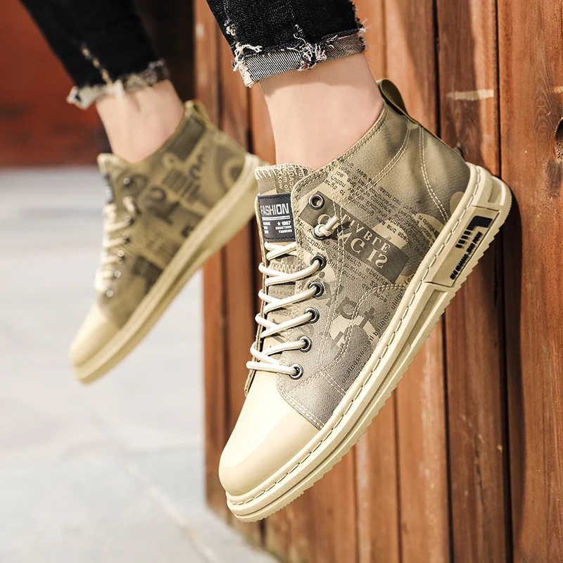 

Popular Casual Canvas Shoes For Men Black Khaki Boy Casual Shoes High Top Canvas Men Walking Footwear Autumn Mens Shoe