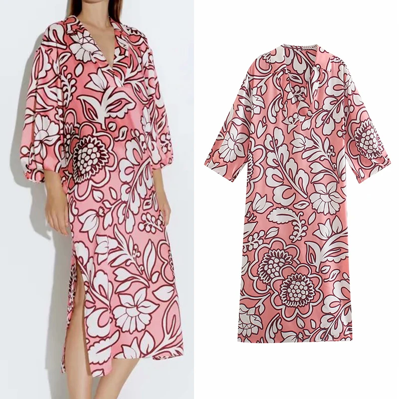 

Za 2021 New Women Flowers Print Midi Dress V Neck Long Sleeve Female Fashion Elegant Dress OZZ1216