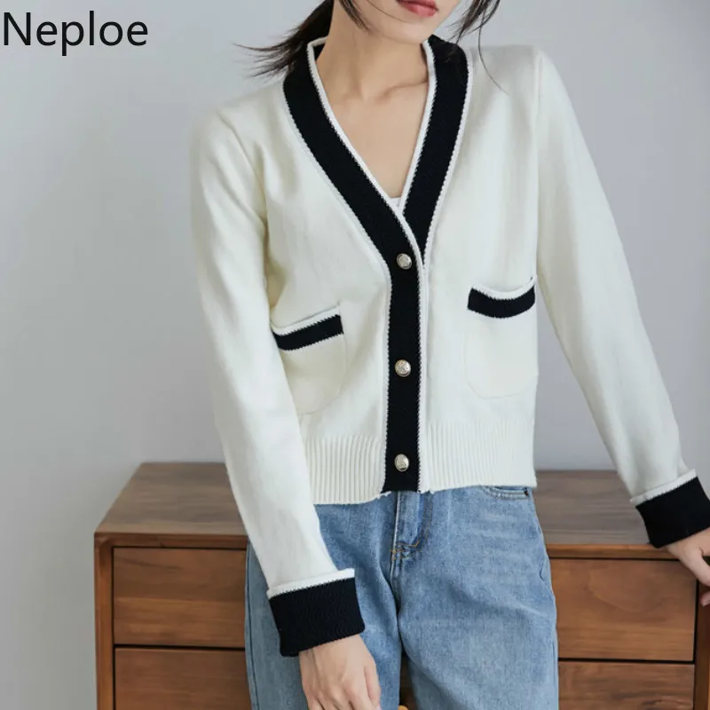 Neploe v-образный вырез контрастный цвет вязаный кардиган свитер небольшой аромат