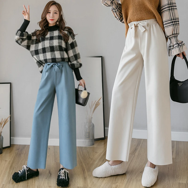 Женские шерстяные широкие брюки REALEFT повседневные свободные длинные с бантом в