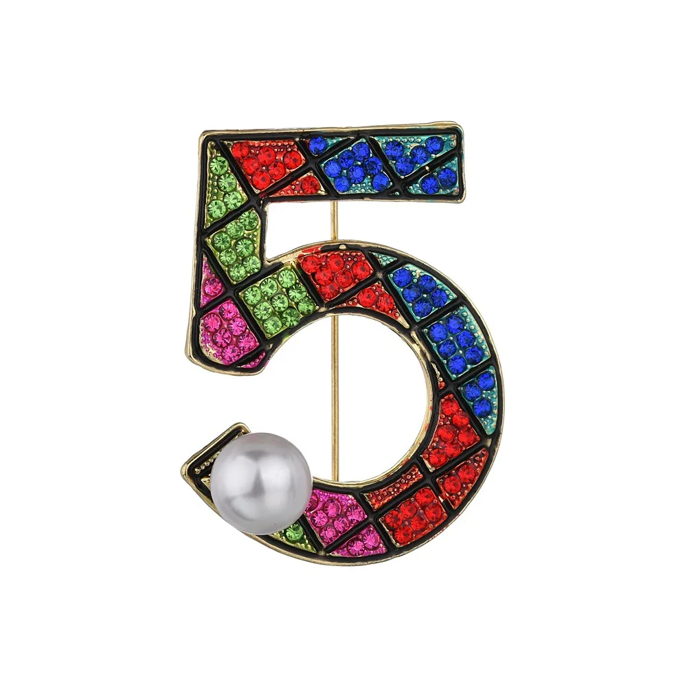 Модные Красочные Броши с цифрой 5 изящные маленькие жемчужные кристаллы стразы