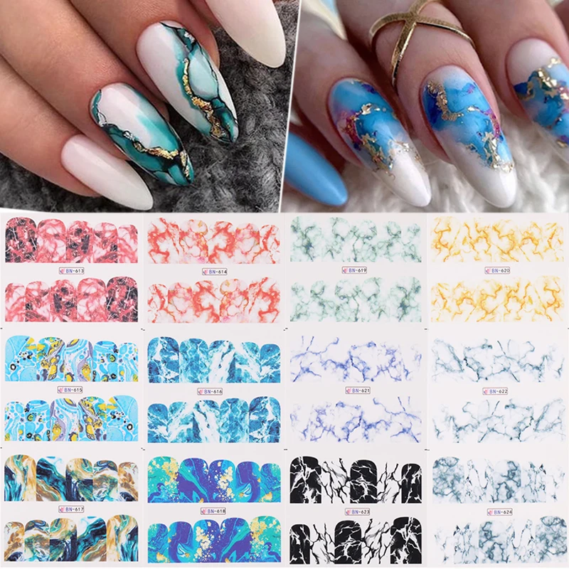12pcs Gradient Marble Water Nail Stickers Flower Letter Leopard Cartoons Sliders For Nails Transfer Decals Decoration | Красота и