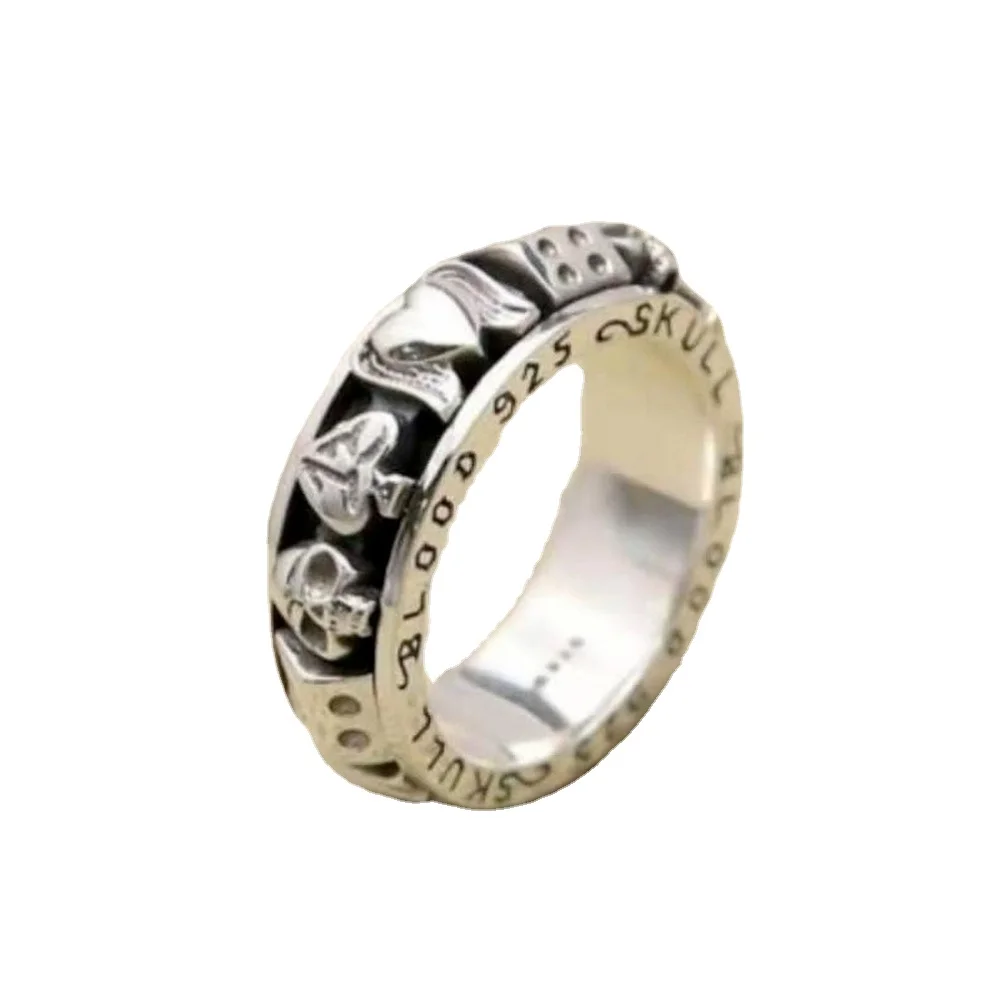 

New European and American fashion unisex party titanium steel carved poker pattern ring design fashion trend retro style ring