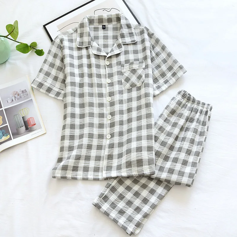 211 Summer Thin Cotton Plaid Girls Pajamas Set Short Sleeve Leisure Sleepwear For Women Loose Nightwear Pant Men Homewear Suit