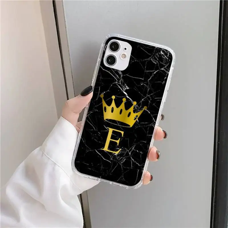 

Custom name Letter Black Marble Gold crown Phone Case Transparent for iPhone 11 12 mini pro XS MAX 8 7 6 6S Plus X 5S SE 2020 XR