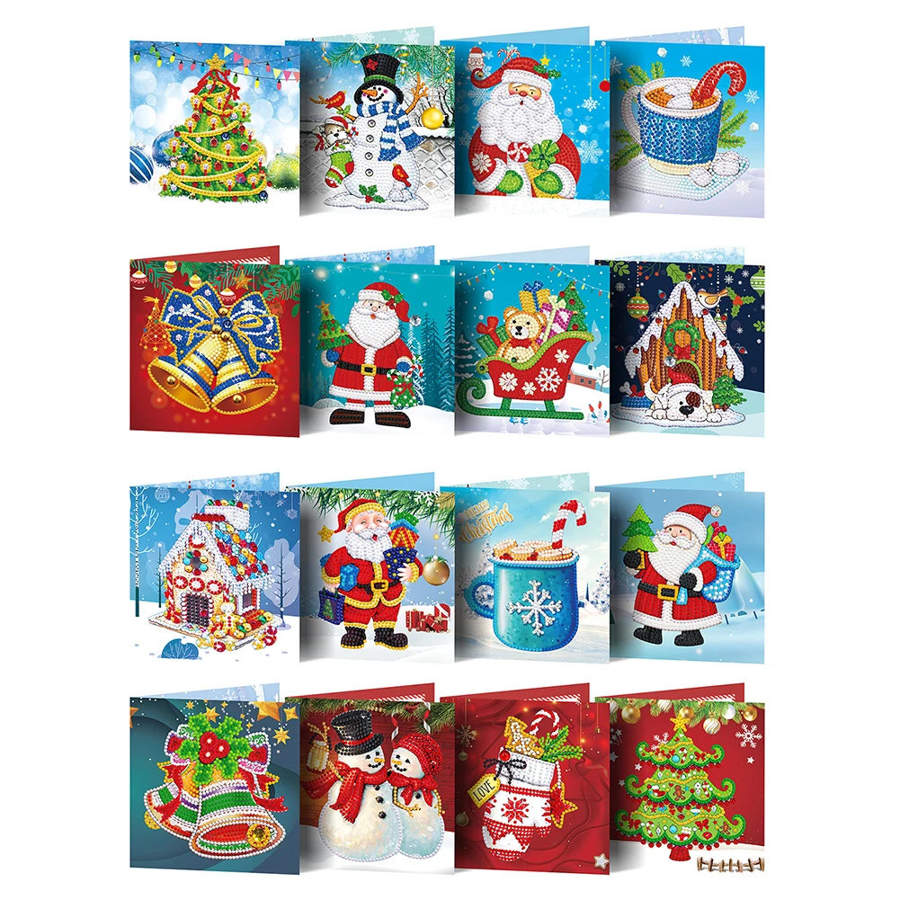 

8pcs Christmas Greeting Card with Envelope Christmas New Year Note Card Drill Diamond Painting 3D Christmas Card Rhinestone Kits