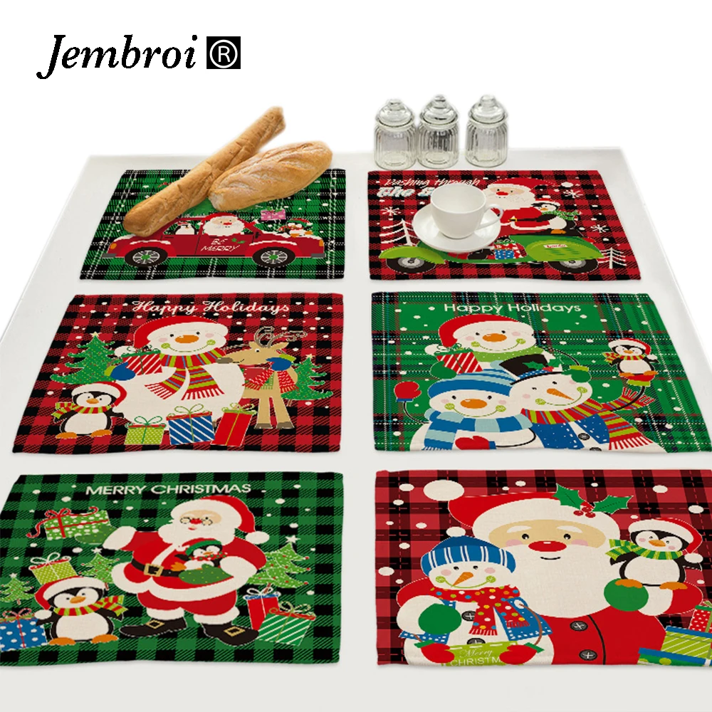 

Xmas Kitchen Accessories Coasters Coffee Table Decor Christmas Gift Snowman Red Green Buffalo Plaid Faux Linen Placemats Pad Mat