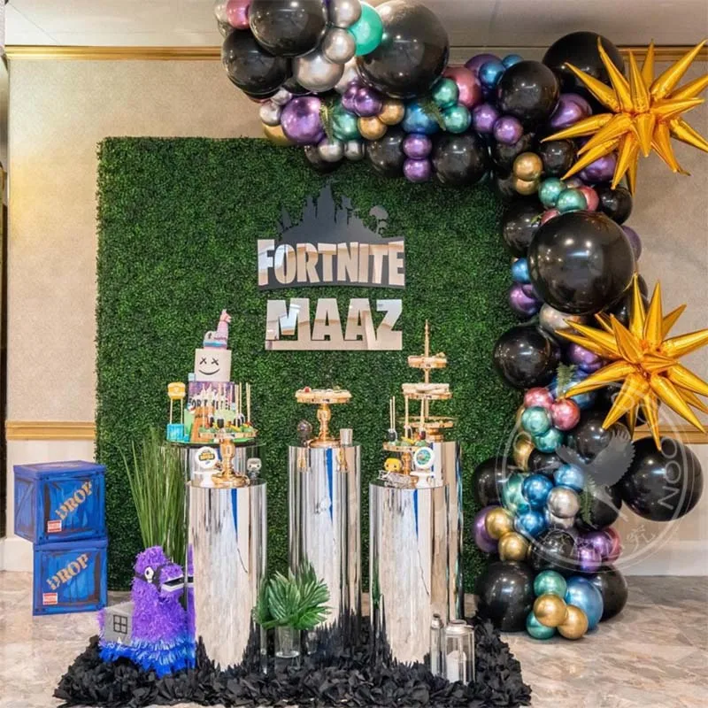 

Gold Cone Metal Gold Blue Purple Balloon Arched Garland Kit128pcs Black Toned Balloons for Birthday Part Baby Showers Graduation