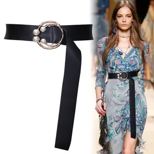 Ремень женский из искусственной кожи, широкий, с жемчужным бисером, с круглой пряжкой