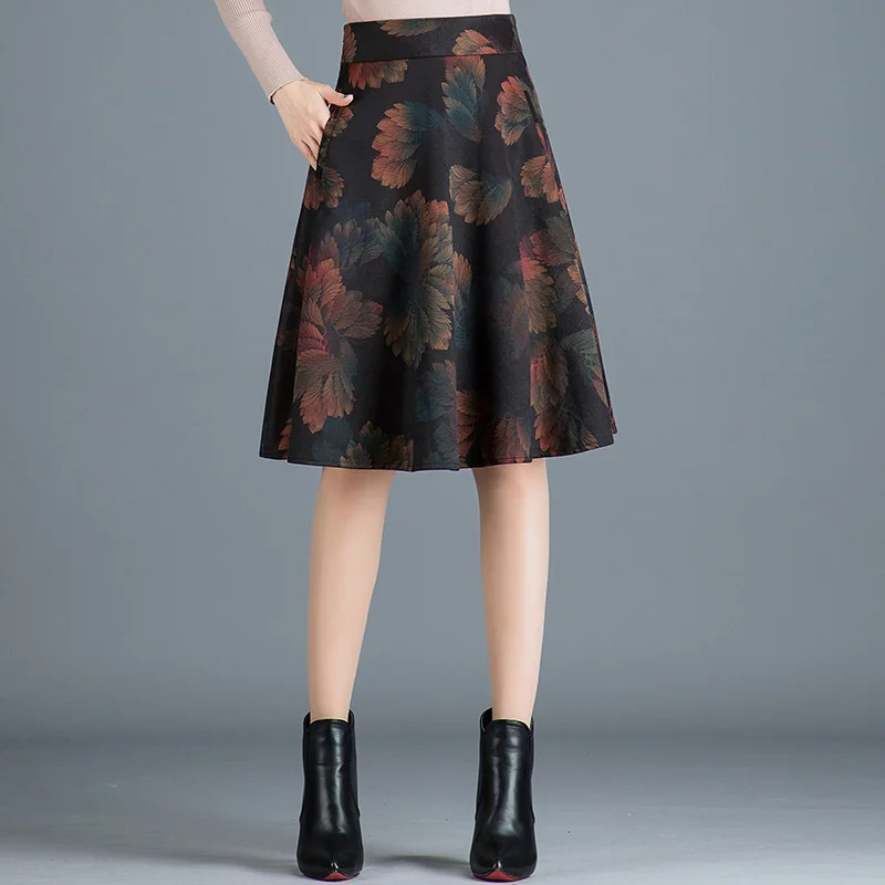 

Vintage Print Knee-length A-line Skirt for Women Autumn Winter Elegant High Waist Slim Casual Office Lady Skirts 9150