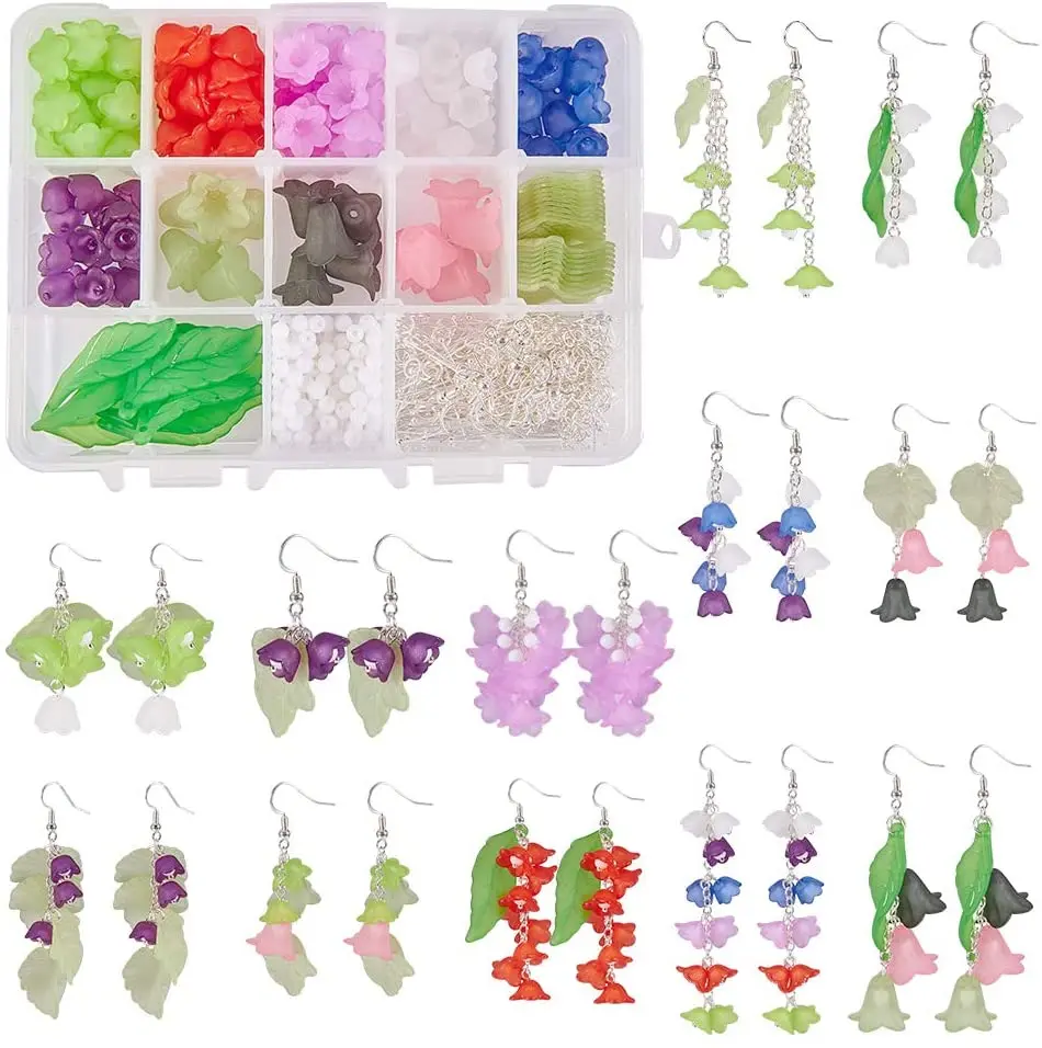 

1Box 12Pairs Frosted Acrylic Flower Drop Dangle Earring Making Kits 160pcs Acrylic Flower &30pcs Leaf Pendant&24pc Earring Hooks