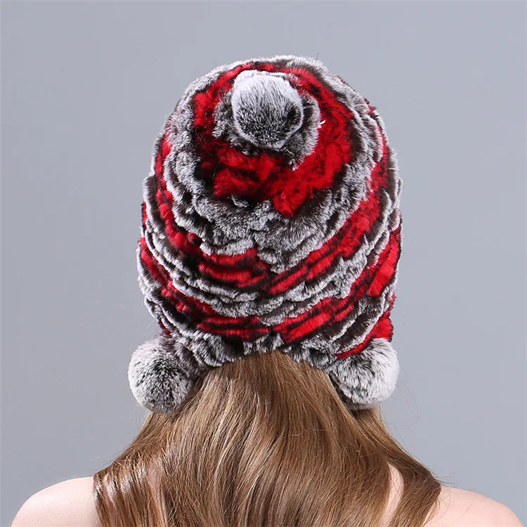 Новинка натуральная женская вязаная шапка из кроличьего меха с помпонами ручной