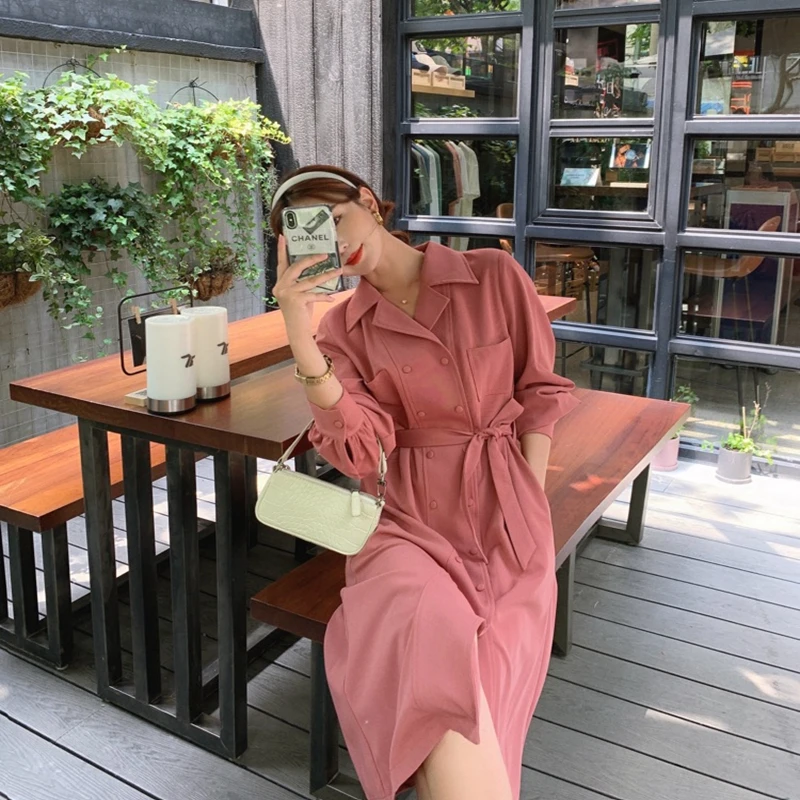 

Vintage A-Line Dress Women 2021 Spring And Autumn V-Neck Long-Sleeve Double Breasted High-Waist Dress New Fashion Top