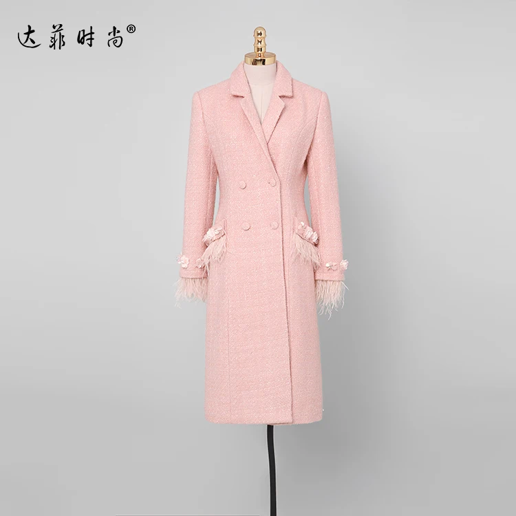 Elegant Feathers Double-breasted Winter Coat Women Runway Designer Thick Warm Pink Wool Coat Jacket High Quality Outwear