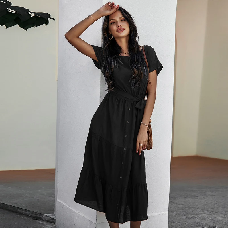 

Summer Women Dress Lace-Up Short Sleeve Round-Neck Dress Casual Ruffled Mid-Length Waist Bowknot Solid Color High Waist Skirt