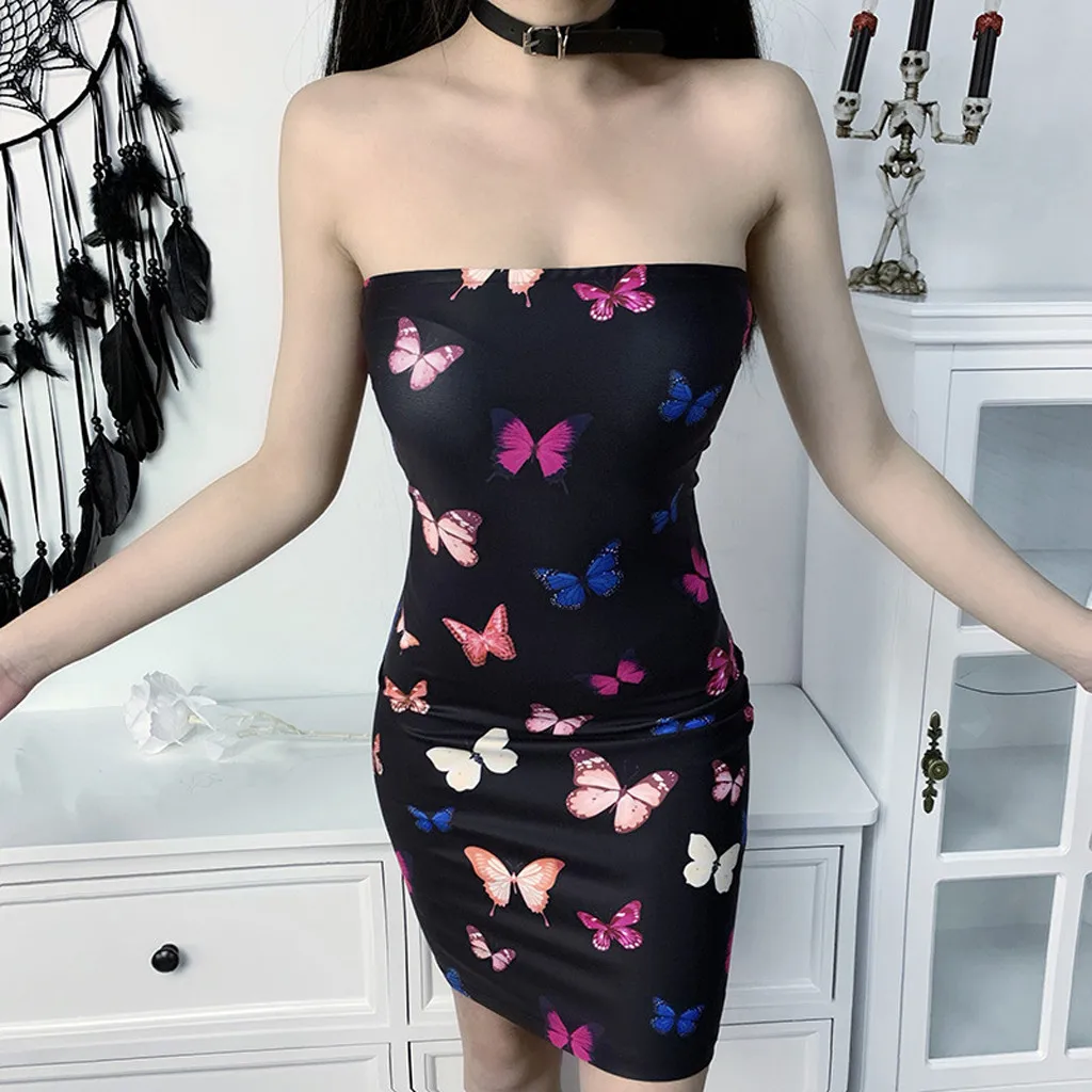 

MIARHB Butterfly Print Strapless Sexy Dress For Women Sleeveless Mini Dress Summer 2020 Slim Fit Sheath Empire Female Robes