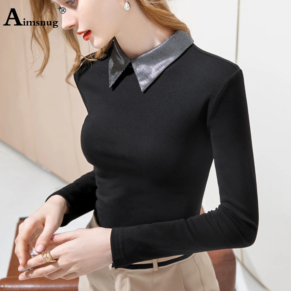 

Women's Top 2021 Spring Autumn Polo Collar Kpop Elegant Lace T-shirt Plus Velvet Female Long Sleeve Oversized 2XL Casual Shirt