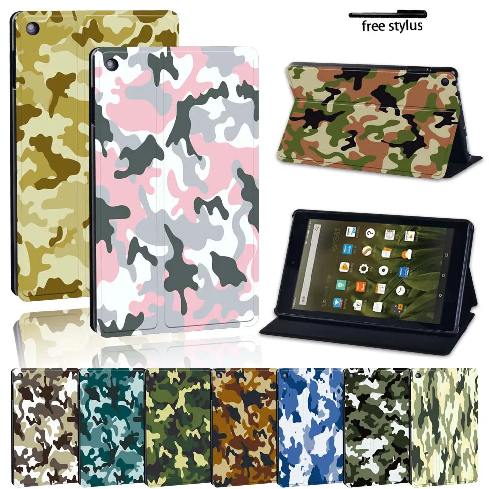 

Case for Fire 7/HD 8/HD 10 Alexa -Printed Camouflage PU Leather Tablet Drop Resistance Durable Protective Stand Folio Cover