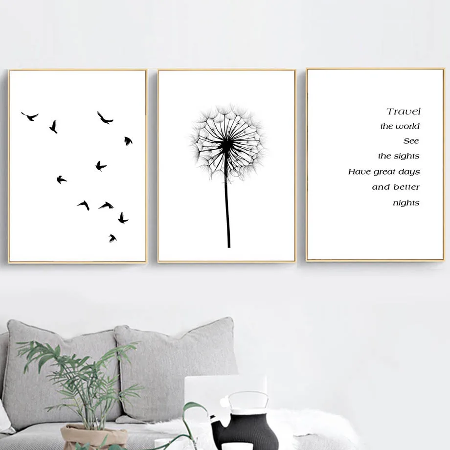 Настенная картина с изображением птиц одуванчика пейзажа скандинавские постеры