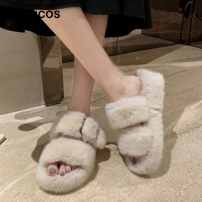 

CYSINCOS Indoor Women Fur Slippers Fluffy Soft Furry Slides Thick Flats Heel Non Slip Warm House Plush Slippers Ladies Footwear