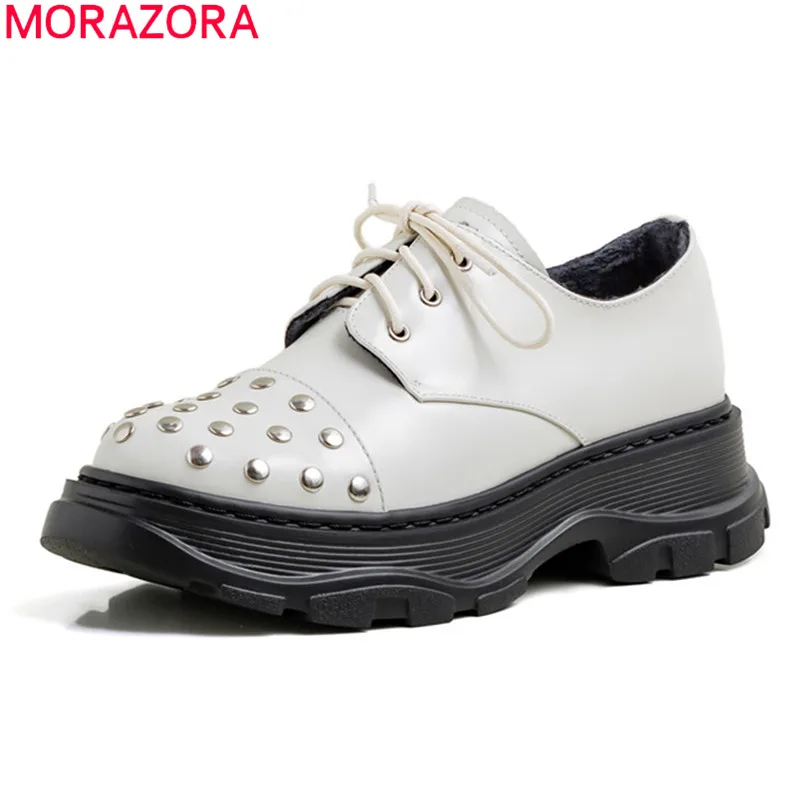 Женские туфли из натуральной кожи MORAZORA черные или Белые Повседневные на шнуровке