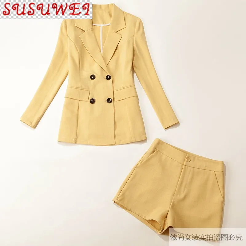

Женский облегающий двурядный пиджак, повседневный офисный костюм из двух предметов с шортами, привлекательный модный офисный костюм, лето ...