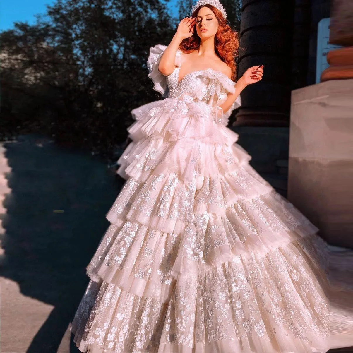 

Princess Wedding Dress Off Shoulder Peplum Dress Fluffy Dress With Train Tulle Wedding Dresses for Bride White Lace Bridal Dress