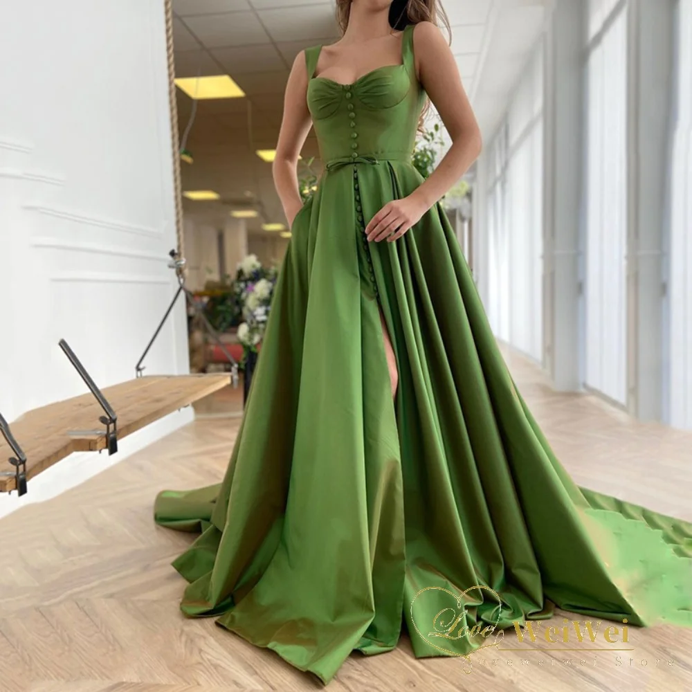 Corset Ball Gowns Green Satin Elegant  Prom Dress V-Neck Sleeveless Backless Lnvisible Plus Size Strap Split Nлатье Hа Bыпускной