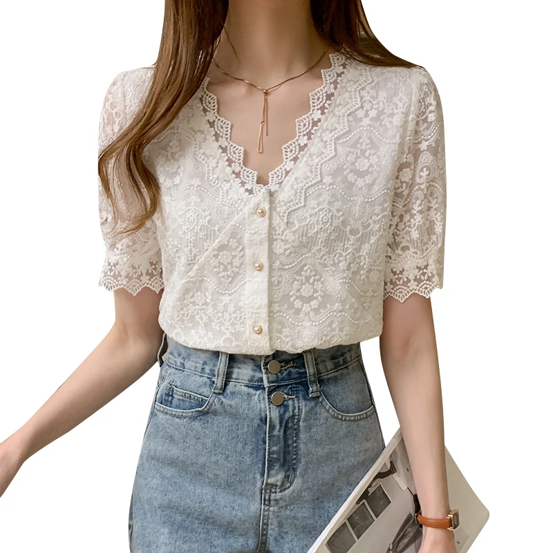 

White Lace Hollow Out Embroidery Women Blouse Shirt Elegant V-neck Short Sleeve Female Tops Office Lady Casual Shirt LadiesTops