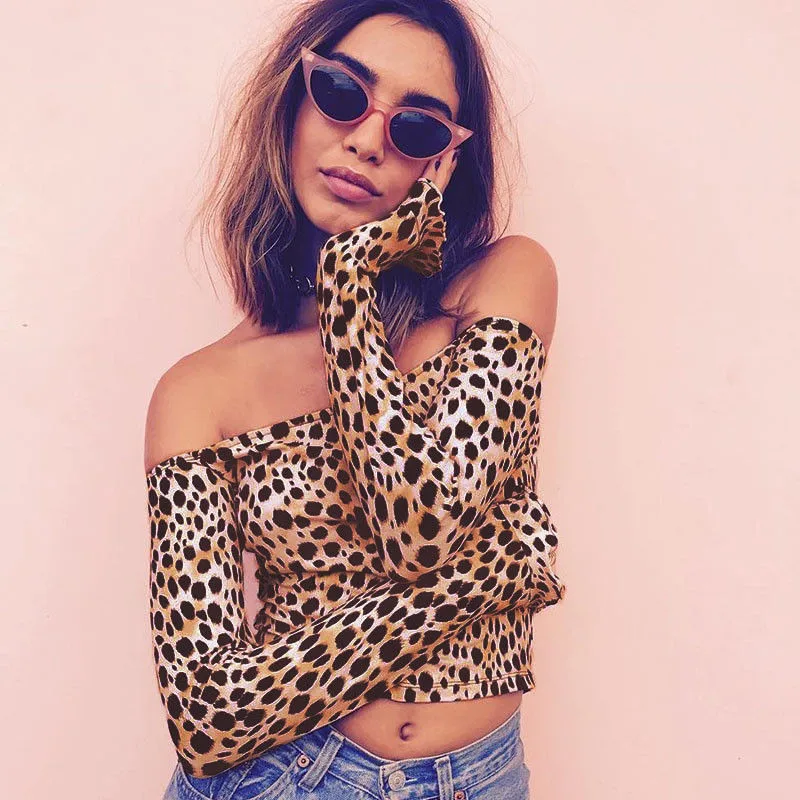 Trendy Women Blouse Off Shoulder Casual Slim pullover Shirts Leopard Print long sleeve Polyester Blouses one pieces | Женская одежда