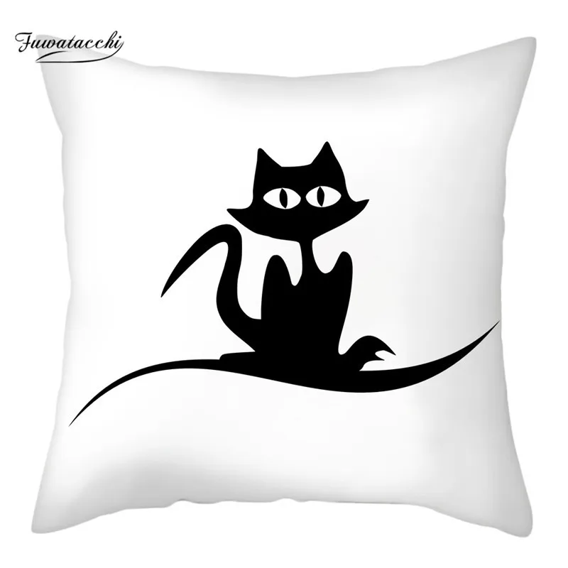 Fuwatacchi Black Cat Caster Bat Witch Printed Cushion Cover White Background Pillow Covers For Home Sofa Decor Throw Pillowcases | Дом и сад